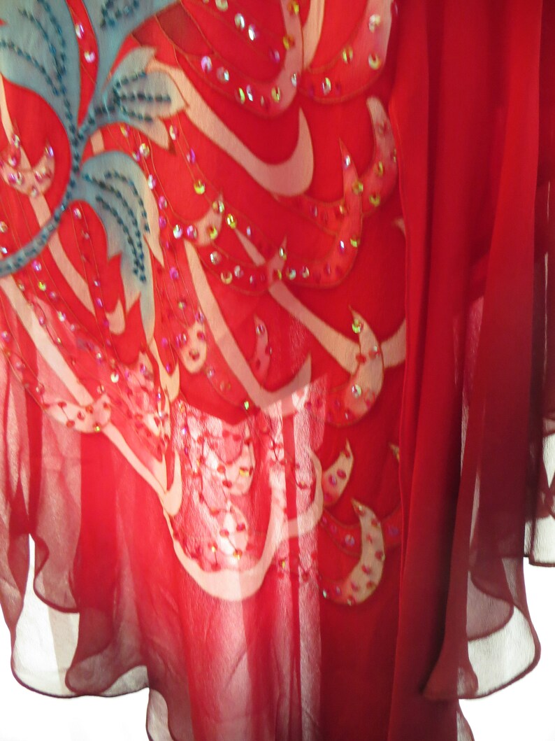 Ombre Red Double Layer Cache Cocktail Dress Bead Sequin Floral Sprays Asymmetrical Hem Small 90s Beaded Silk Chiffon Formal Slip Dress