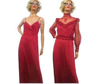 70s Burgundy Maxi Dress with Lace Overblouse: Vintage Two-Piece Gown, Size Small