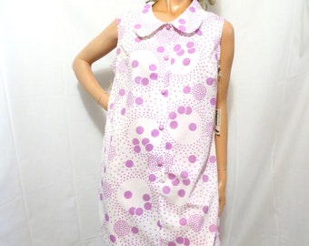 Deadstock 70s Sleeveless Dress, Klopman Whipped Cream Lightweight Polyester, Purple Polka Dots, Mod Shirtwaist Shift, size 18 1/2, Volup