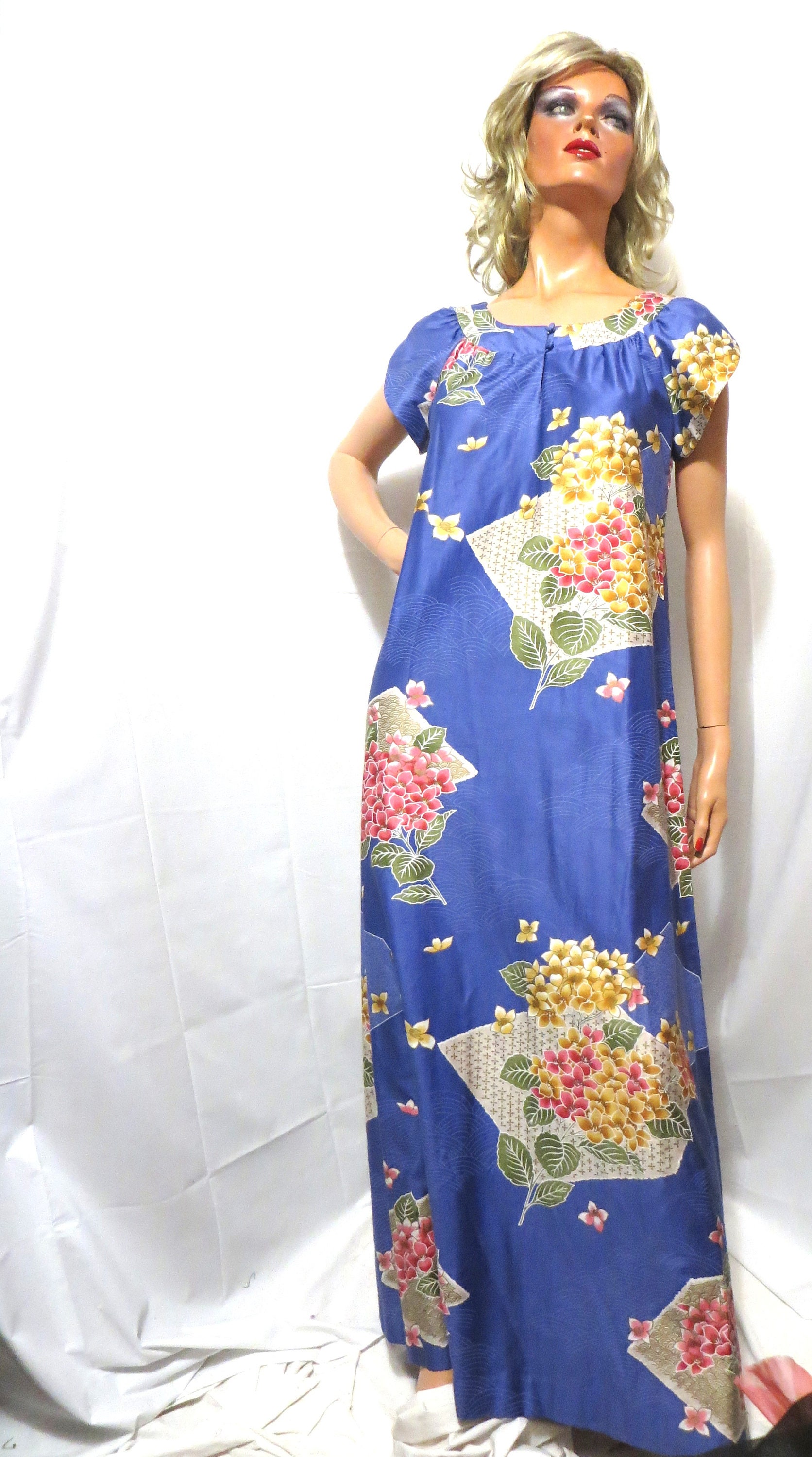 Vintage Hawaiian Muumuu Dress: Blue Floral Cotton Maxi, Honolulu