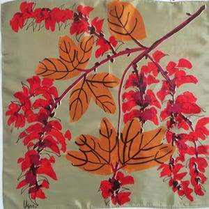 Vintage Vera Neumann Scarf: Floral Abstract, Green Red Orange, 22&quot; Square