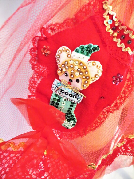 Christmas Red Net Apron, with Felt Sequins Beads,… - image 3