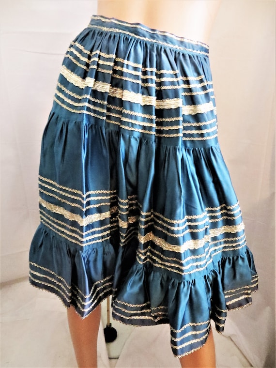 Southwestern Skirt, Blue Shiny Satin Silver Braid… - image 3