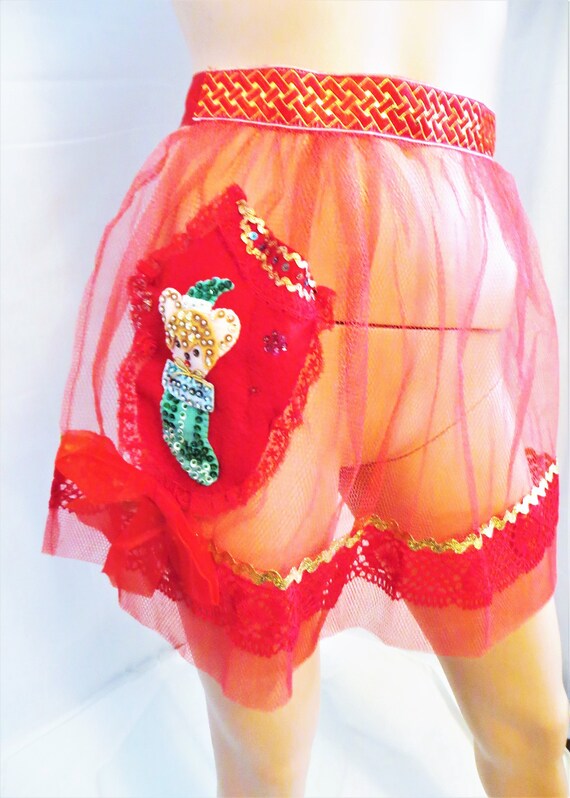 Christmas Red Net Apron, with Felt Sequins Beads,… - image 6