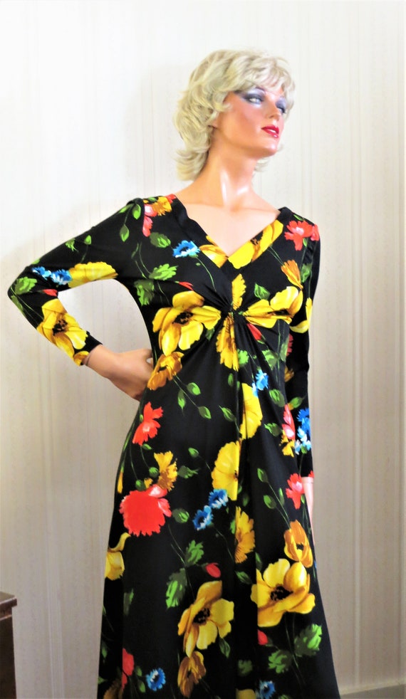 70s Large Flower Print Dress, Boho Midriff Style,… - image 3