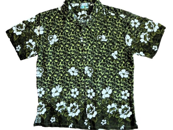 vintage Rayon Hawaiian Shirt, Green White Flower … - image 8