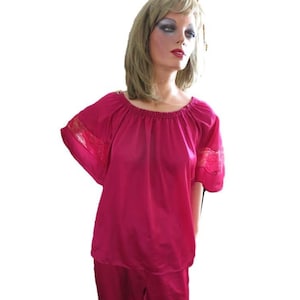 70s Red Nylon Pajamas with Bell Sleeves, Bernette New York, Cranberry Red Nylon and Lace Long PJs, vintage size Medium