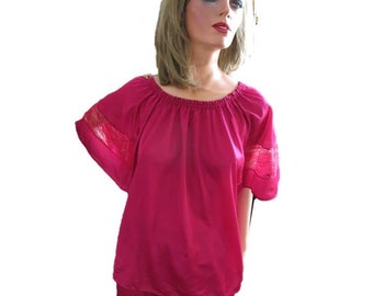 70s Red Nylon Pajamas with Bell Sleeves, Bernette New York, Cranberry Red Nylon and Lace Long PJs, vintage size Medium