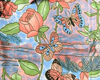 70s Boho Butterfly Print Thin Poly Knit Blouse, Flare Collar Long Sleeve Top, Butterflies Roses, Flower Power, Long Sleeves