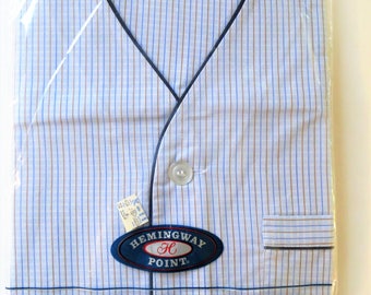 Men's Pajamas, Blue Striped Pajamas, Hemingway Point, Short Sleeves, Knee Length, Collarless, New in Package Deadstock, Size Medium, 38 40