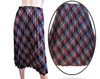 Plaid Knife Pleated Skirt, Cranberry Red Teal Blue Gray Black Diagonal Plaid, Wool Blend, Elastic Waistband, vintage size 15 16 waist 28