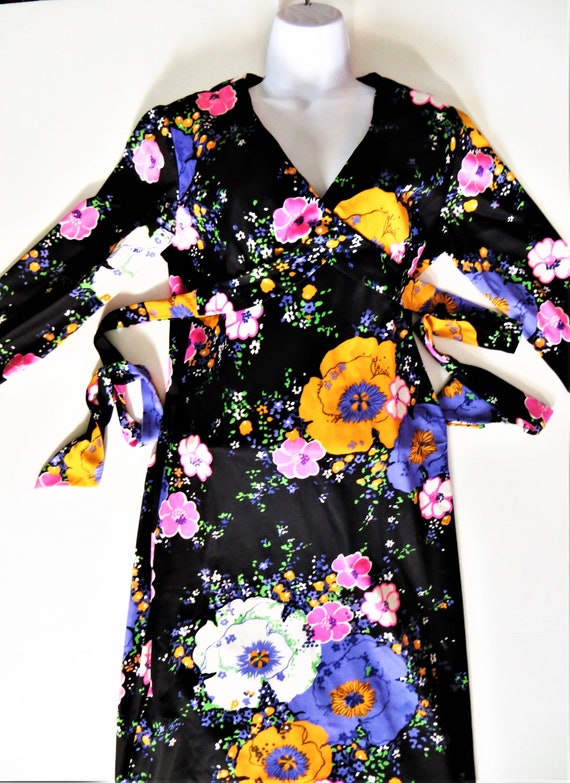 60s 70s Maxi Dress, Black Purple Pink Gold Floral… - image 5