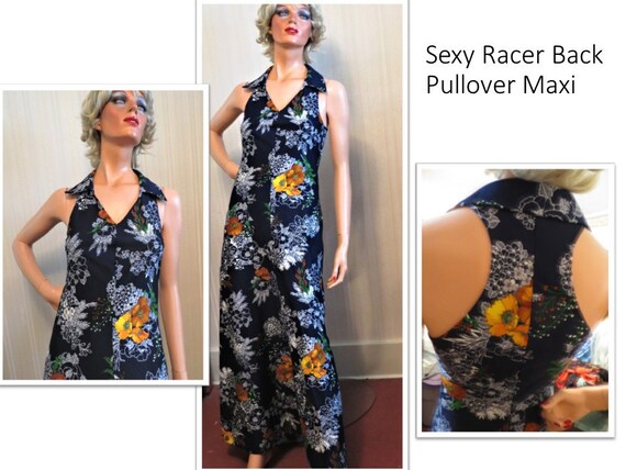 60s 70s Long Maxi Dress, Racer Back Sleeveless Pu… - image 1