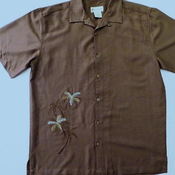 Embroidered Hawaiian Shirt Dark Brown with Loop Collar, Palm Tree Embroidery, Havana Jacks Cafe, size Large