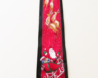 Silk Christmas Necktie, Santa and Reindeer, Red Silk Holiday Necktie
