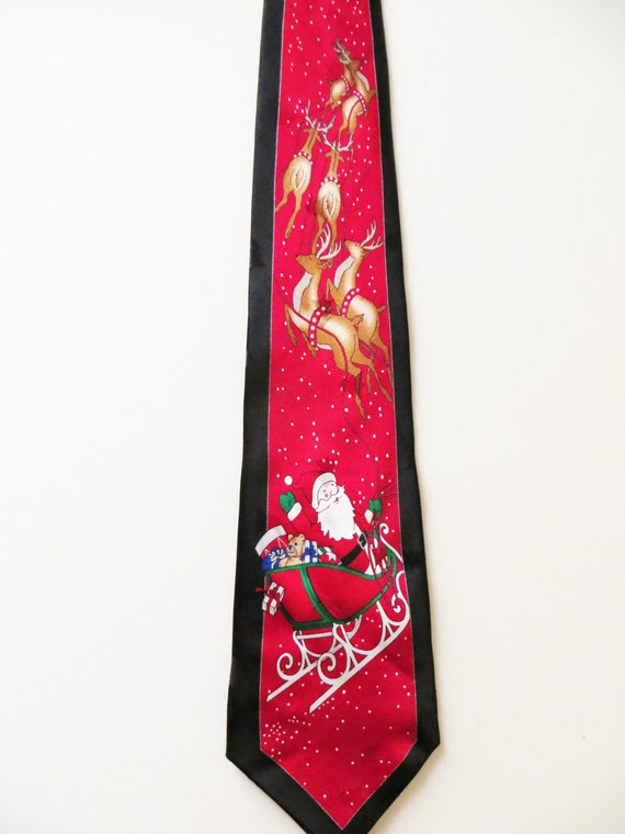 Silk Christmas Necktie, Santa and Reindeer, Red S… - image 1