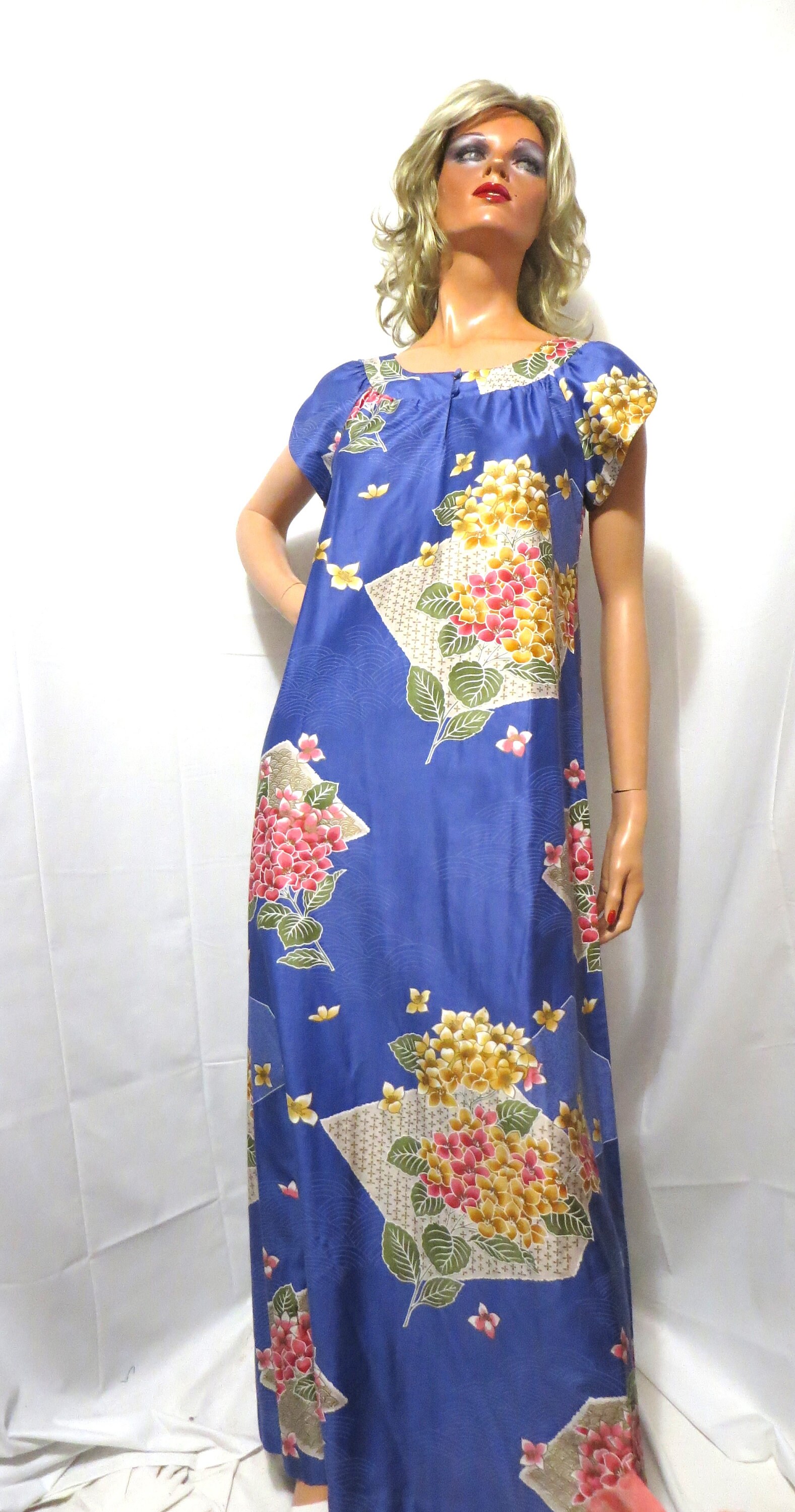 Vintage Hawaiian Muumuu Dress: Blue Floral Cotton Maxi, Honolulu