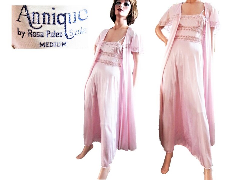 70s Pink Peignoir Set, Rosa Puleo Szule Annique, Stunning Vintage Lacy Nylon Long Nightgown and Robe 2 Piece Fine Lingerie Set Size Small image 10
