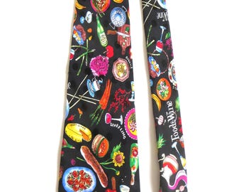 Food & Wine Silk Necktie, Multicolored on Black, Hand Sewn Foodie Tie