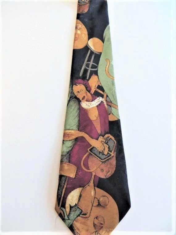 Vintage Silk Necktie, Artistic Mod Bar Scene, Blac