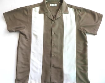 90s Panel Club Shirt, Tan Ivory Topstitching Short Sleeve Button Up Shirt, Size Large, Unworn