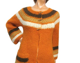 Handmade Mohair Wool Cardigan Sweater, Vintage 70s, Orange Brown Tan White, Wood Toggle Buttons, Size Small