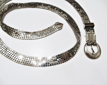 Silver Finish Mesh Belt, Whiting Davis Style, Bright Shiny Chainmail Adjustable Waist 29 to 33 inches, small medium Skinny Statement Belt