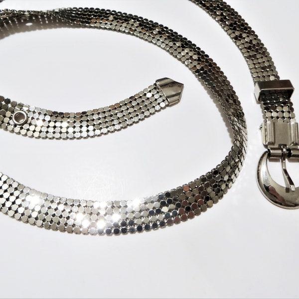 Silver Finish Mesh Belt, Whiting Davis Style, Bright Shiny Chainmail Adjustable Waist 29 to 33 inches, small medium Skinny Statement Belt