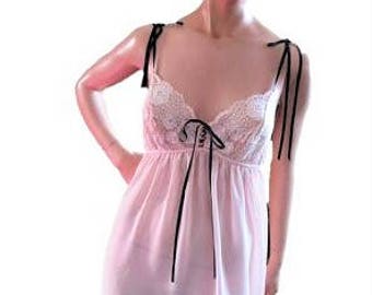Victoria Secret Pink Cami Baby Doll Camisole, Shorty Nightie, Pajama Top,  Pink Lace Black Ribbons, Perfect Bombshell M 