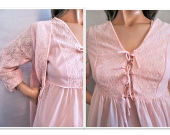 60s 70s Pink Peignoir Set Nightgown Robe, Midriff Lace High Waist Style, Long Nylon Negligee and Robe 2 Piece Fine Lingerie Set Size Small