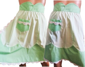 Green Half Apron with Lace, Light Green and Lime Green, Vintage and Handmade Jadeite Kitchen Accessory Decor