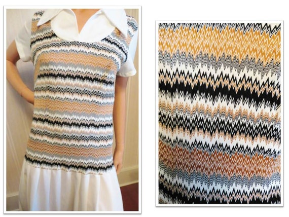 70s Chevron Stripe Knit Dress Large Dagger Collar… - image 3