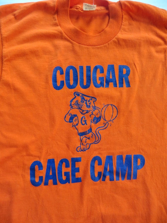 Vintage Screen Stars T Shirt Cougar Cage Camp, 70s Single Stitch, Orange Blue Graphic Made in USA, 50/50 Polyester Cotton Blend Unisex Small