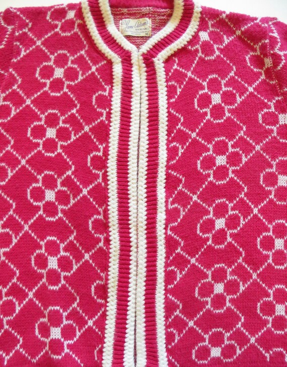 60s 70s Open Cardigan Sweater, Hot Pink White Fuc… - image 6