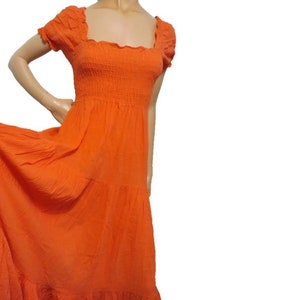 70s  Orange Peasant Prairie Dress Full Tiered Maxi Long Dress, Elastic Smocked Top High Waist, Puffy Sleeves, Cottagecore, size small