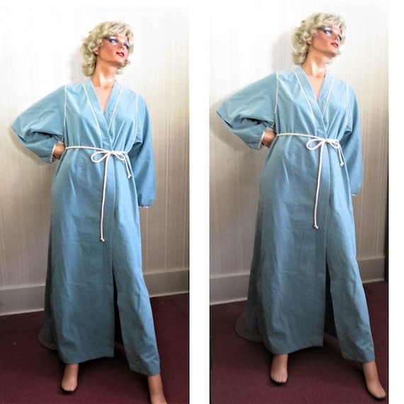 Deadstock 70s Blue Wrap Robe, Blue with Pink Sati… - image 2