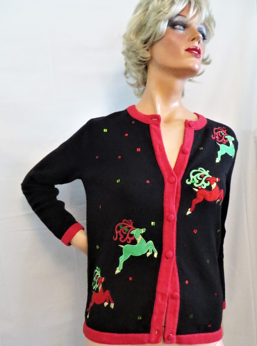 Black Christmas Sweater With Red Green Reindeer Appliques, Ramie Cotton ...