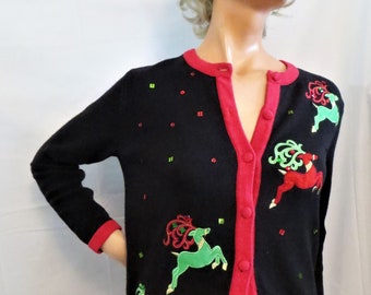 Black Christmas Sweater with Red Green Reindeer Appliques, Ramie Cotton Cardigan, Merry and Bright, Holiday Sweater, size small