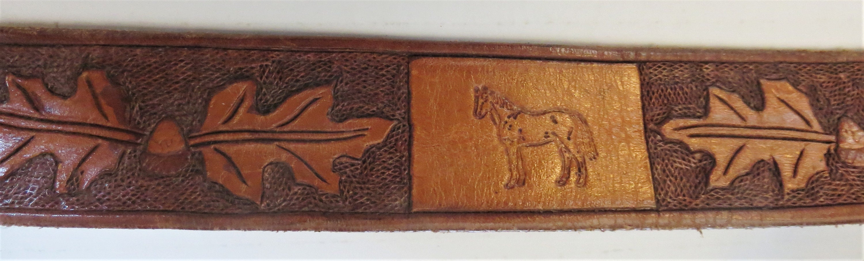 Tooled Leather Western Belt, Big Agate Stone Buckle, Horse 