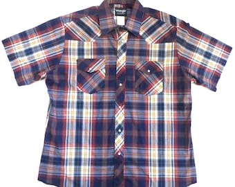 Wrangler Short Sleeve Western Shirt, Navy Blue Red Plaid, Pearl Snaps, Men's XL