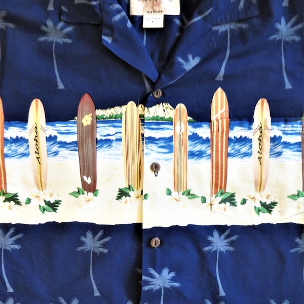 Chemise hawaïenne en coton avec planches de surf, bande de poitrine, mode Waikiki, fabriquée à Hawaï, bleu marine Aloha, taille L pour homme, unisexe pour homme ou femme