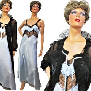 30s 40s Peignoir Set, Light Blue Satin Nightgown, Black Lace, Black Sheer Robe, Sexy 2 Piece Set, Fine Lingerie Set