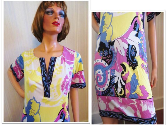 Silk Knit Pop Art Border Print Psychedelic Mod Dr… - image 5