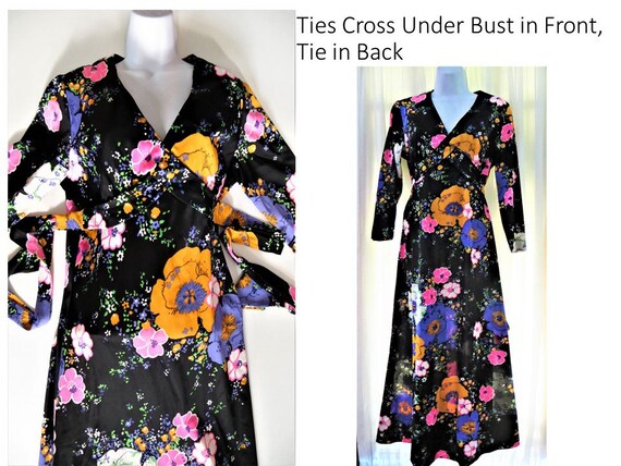 60s 70s Maxi Dress, Black Purple Pink Gold Floral… - image 2