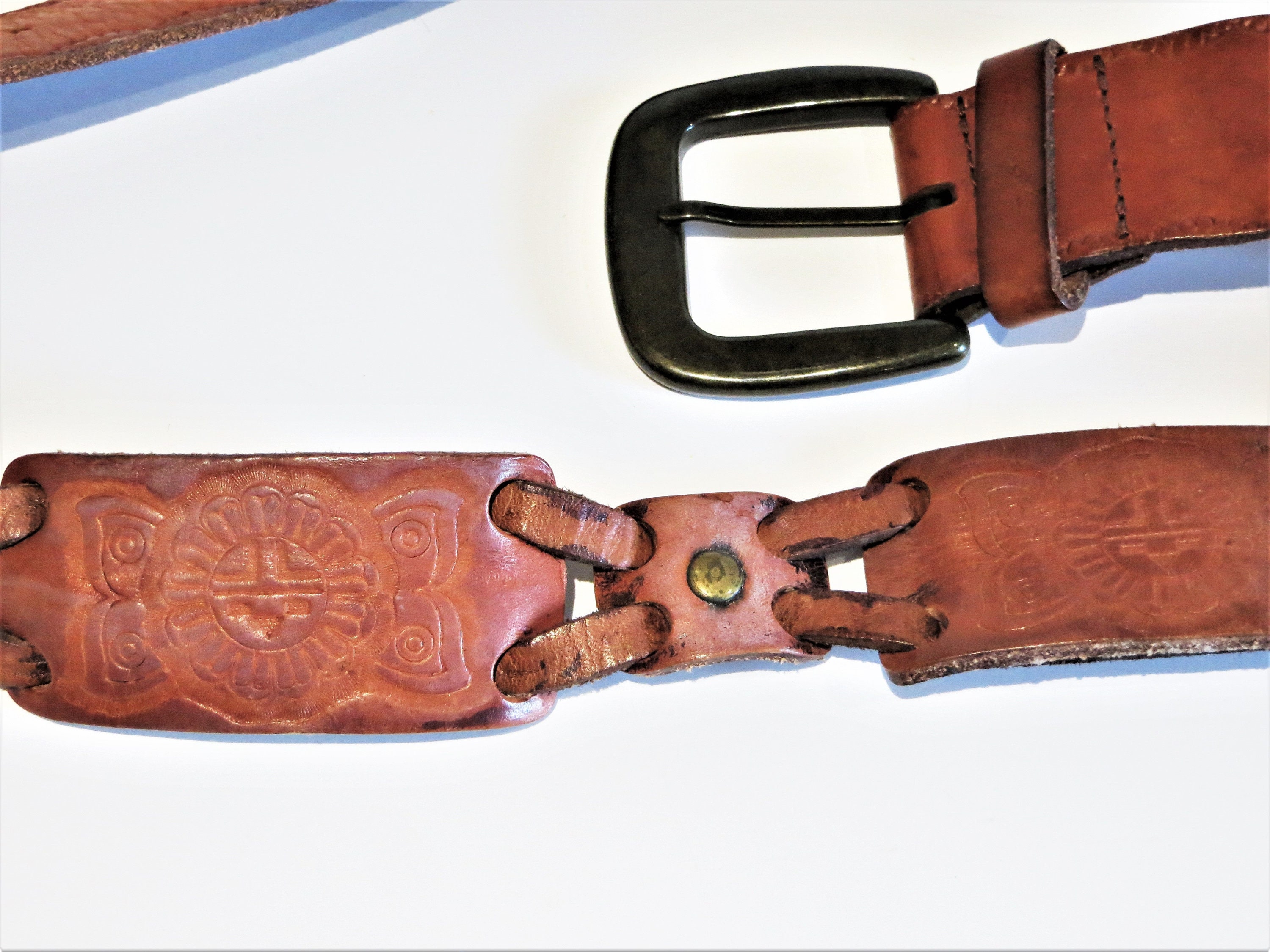 Tooled Leather Link Belt, Aztec Sun Kachina Symbols, Big 