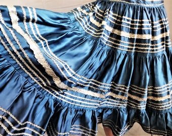 Southwestern Skirt, Blue Shiny Satin Silver Braid Trim, 50s Full Square Dance Rockabilly Waistband Skirt, Country Western, Waist 23 xs small