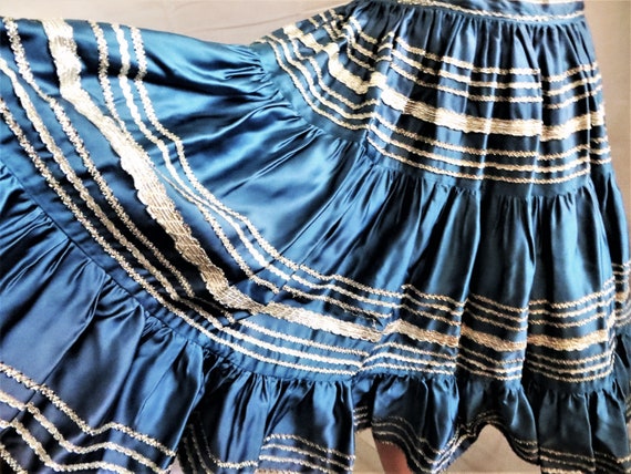 Southwestern Skirt, Blue Shiny Satin Silver Braid… - image 1