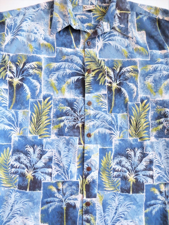 Cotton Hawaiian Shirt with Blue and Green Palm Tr… - image 1