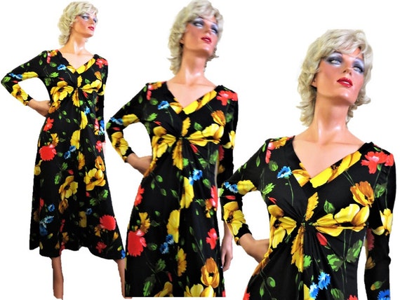 70s Large Flower Print Dress, Boho Midriff Style,… - image 1