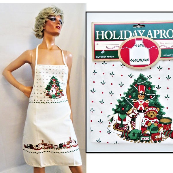 Deadstock Christmas Apron, Vintage 80s Holiday Butcher Bib Apron Teddy Bear Christmas Tree Toys Border Print, Cotton Duck NOS Unused Has Tag